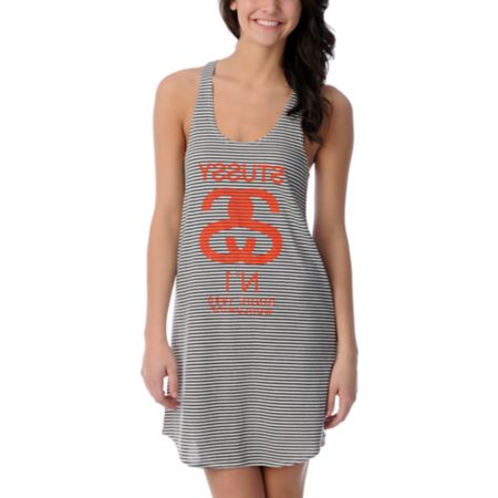 Stussy Girls Black & Grey Stripe Tank Top Dress