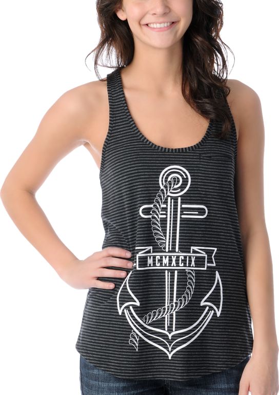 Empyre Girls Casey Anchor Stripe Black Racerback Tank Top