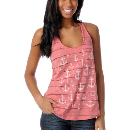 Empyre Girls Casey Anchor Stripe Red Racerback Tank Top