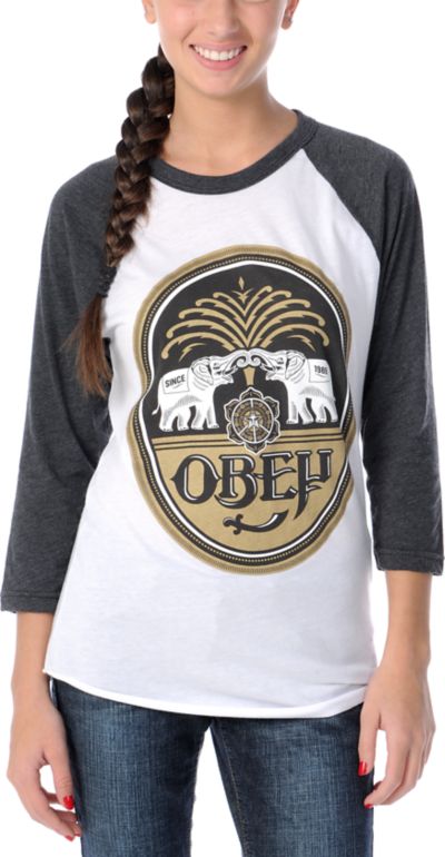 Obey Girls IPA White & Charcoal Baseball Tee Shirt