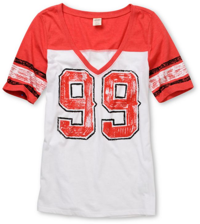 Empyre Girls Hayes Coral Red & White Football V-Neck Tee Shirt