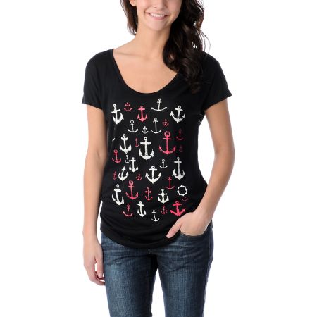 Empyre Girls Anchor Stripe Novato Black Cap Sleeve Tee Shirt