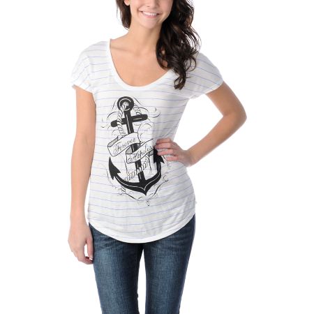 Empyre Girls Stripe Anchor Novato White Cap Sleeve Tee Shirt