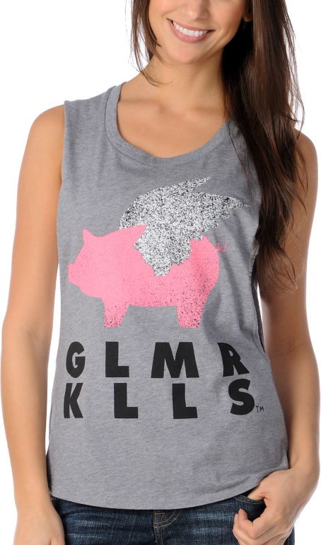Glamour Kills Logo Girls Grey Cut Off Tank Top