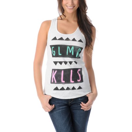 Glamour Kills Wave Cutter Heather White Racerback Tank Top