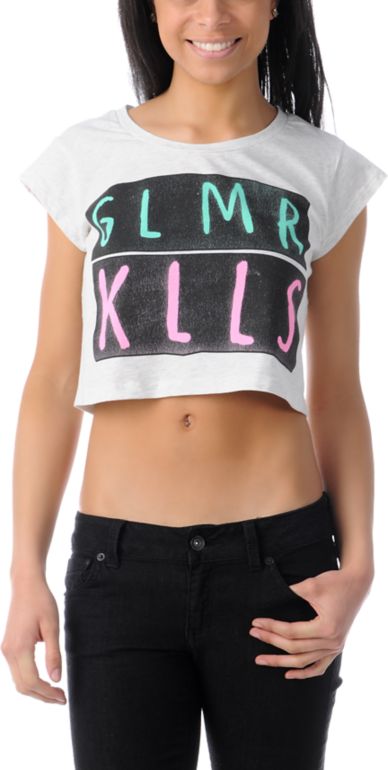 Glamour Kills Wave Cutter Heather White Crop Tee Shirt