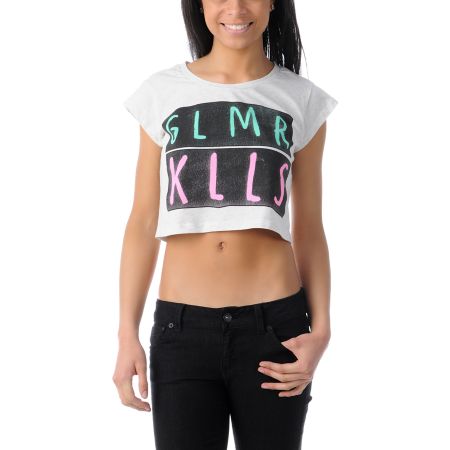 Glamour Kills Wave Cutter Heather White Crop Tee Shirt
