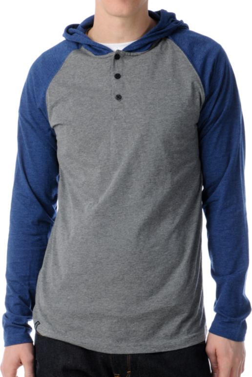 Dravus Defense Grey & Blue Hooded Henley Baseball Shirt