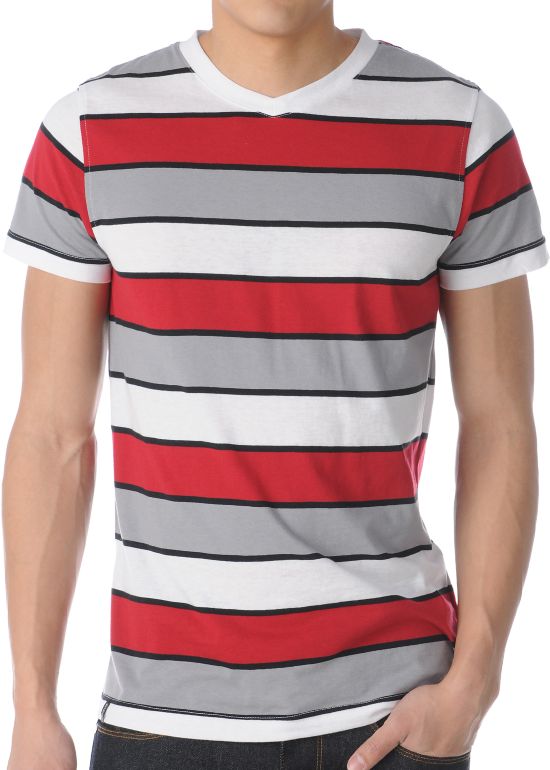 Empyre Carnie Red & Grey Striped V-Neck Tee Shirt