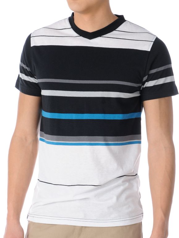 Empyre Flophouse Blue & Black Striped V-Neck Tee Shirt