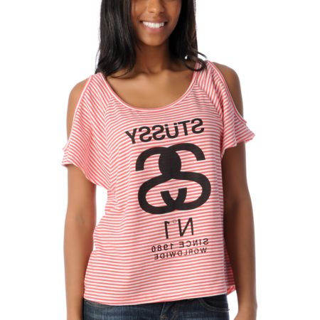 Stussy Girls No 1 Coral & White Stripe Top