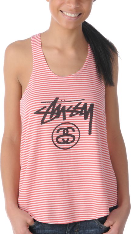 Stussy Girls Stock Link Coral Stripe Racerback Tank Top