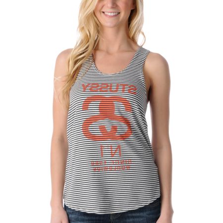 Stussy Girls Half Breed Black & Grey Stripe Racerback Tank Top