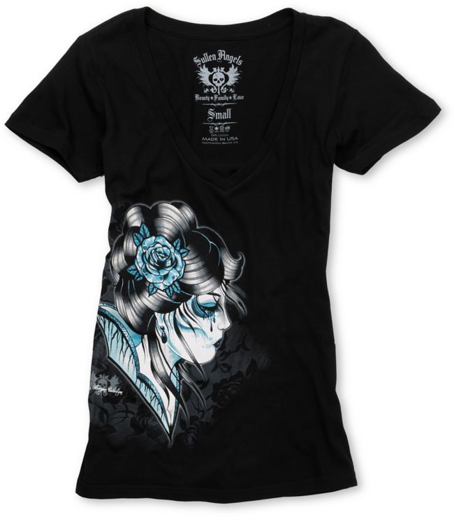 Sullen Angels Vamp Black V-Neck Girls Tee Shirt