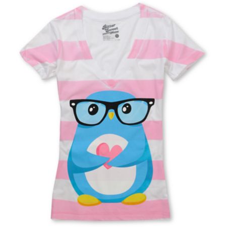 Bitter Sweet Whata Penguin V-Neck Striped Graphic Tee