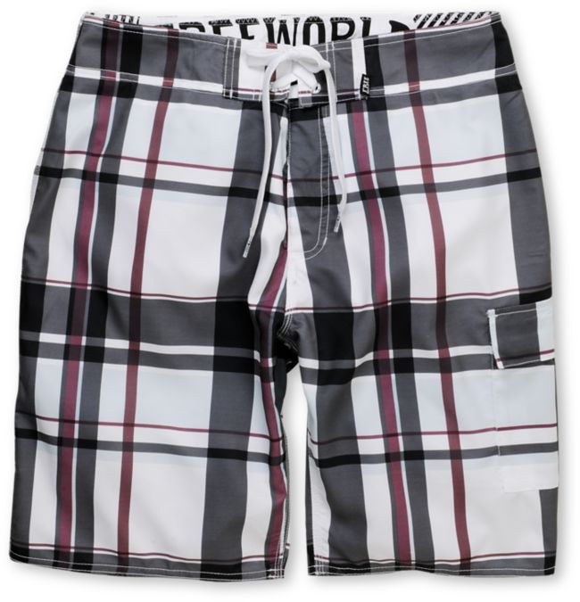 Free World Blaze White & Black Plaid 21.25" Board Shorts