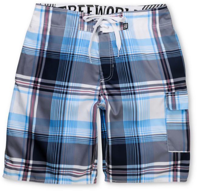 Free World Hampton Blue & Grey Plaid 21.25" Board Shorts