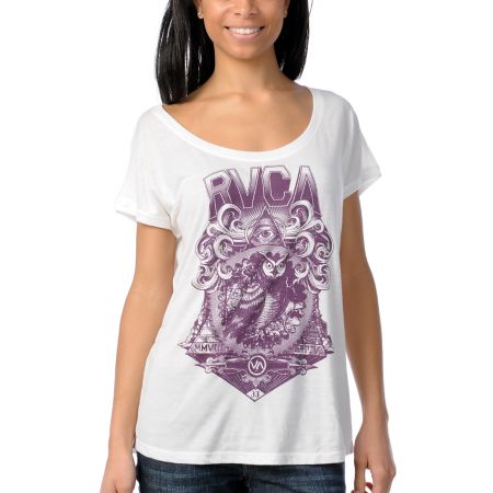 RVCA Girls Masonic Owl Natural Wide Scoop Neck Lunar Tee Shirt