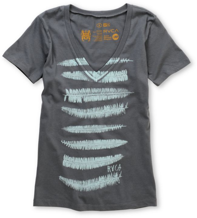 RVCA Girls Firn Stripe Charcoal V-Neck Tee Shirt