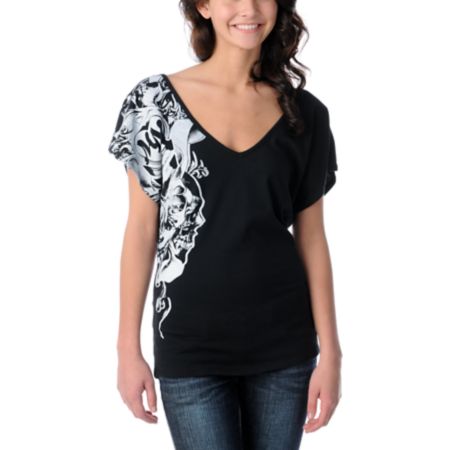 Metal Mulisha Girls Tear Drops Black V-Neck Dolman Top