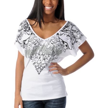 Metal Mulisha Girls Skullentine White V-Neck Dolman Top