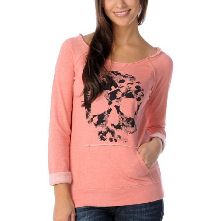 Volcom Skull Moclov Girls Coral Crew Pullover Sweatshirt