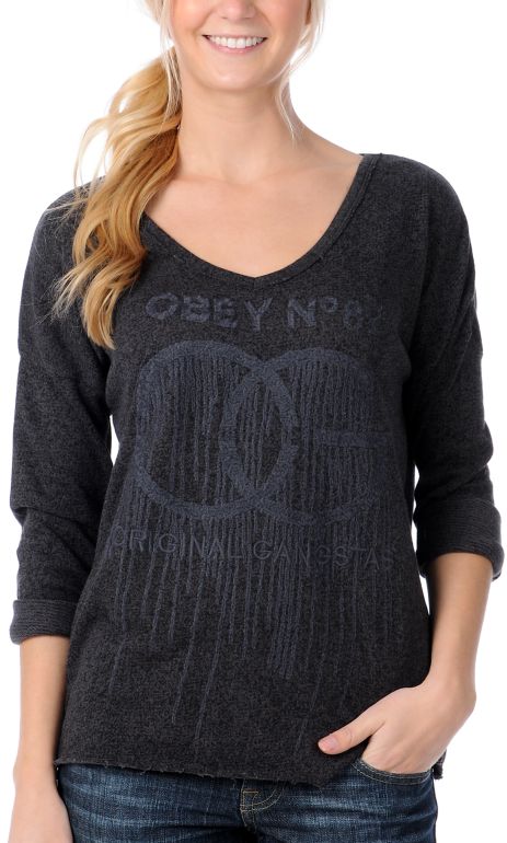 Obey Girls High Class Heather Black V-Neck Pullover Sweatshirt