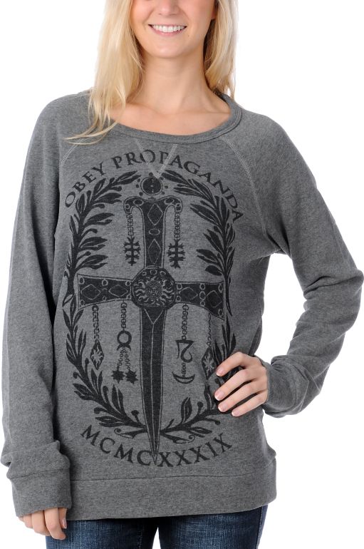 Obey Girls Dagger Crest Grey Pullover Sweatshirt