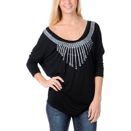 Obey Girls Safari Black Wide Neck Dolman Top