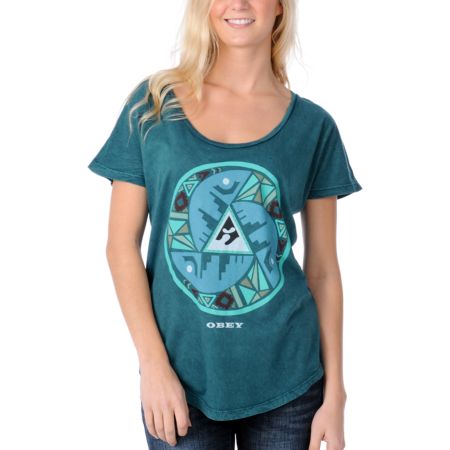 Obey Girls Kanza Crest Green Mineral Dolman Tee Shirt