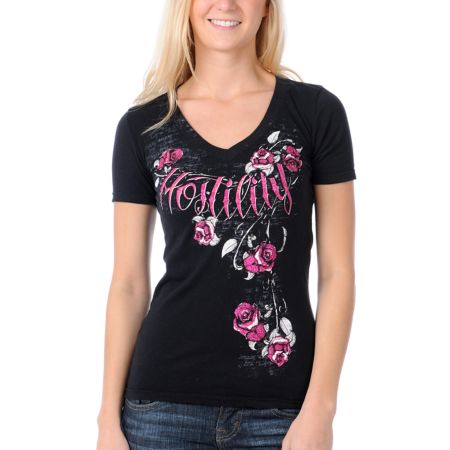 Hostility Blossom Black V-Neck Slash Tee Shirt