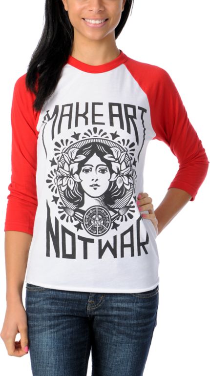 Obey Make Art Not War Red & White Baseball Tee Shirt