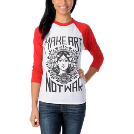 Obey Make Art Not War Red & White Baseball Tee Shirt