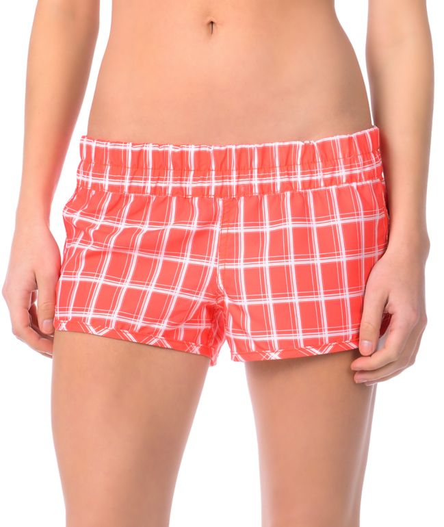 Hurley Girls Super Suede Beachrider Red Plaid  Board Shorts