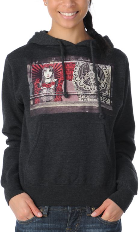 Obey Rose Paste Girls Charcoal Pullover Hoodie