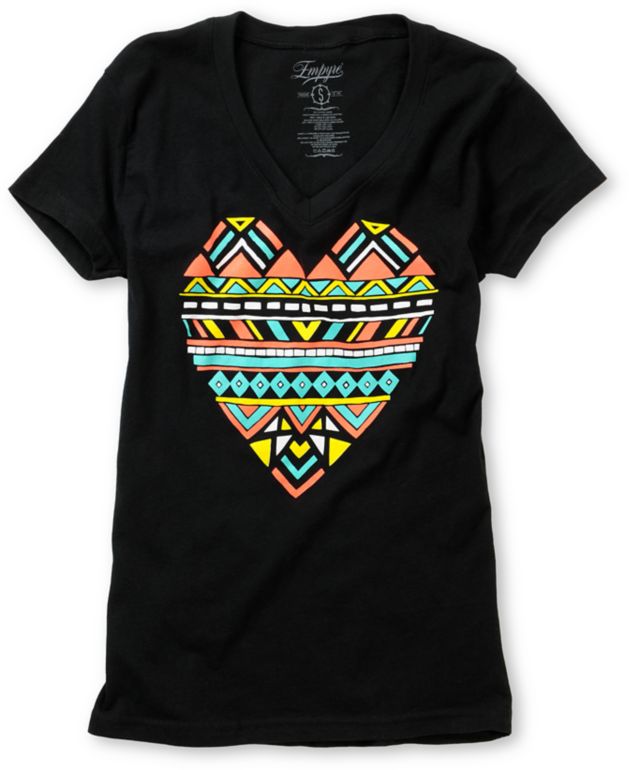 Empyre Girl Tribal Heart V-Neck Black Tee