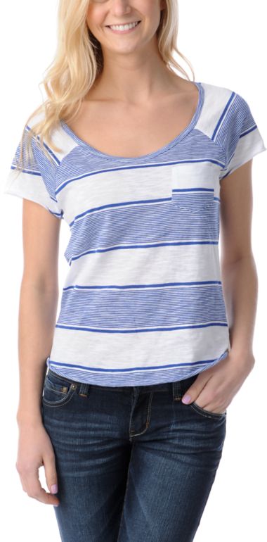 Empyre Girls Tempo White & Blue Striped Scoop Neck Tee Shirt