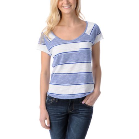 Empyre Girls Tempo White & Blue Striped Scoop Neck Tee Shirt
