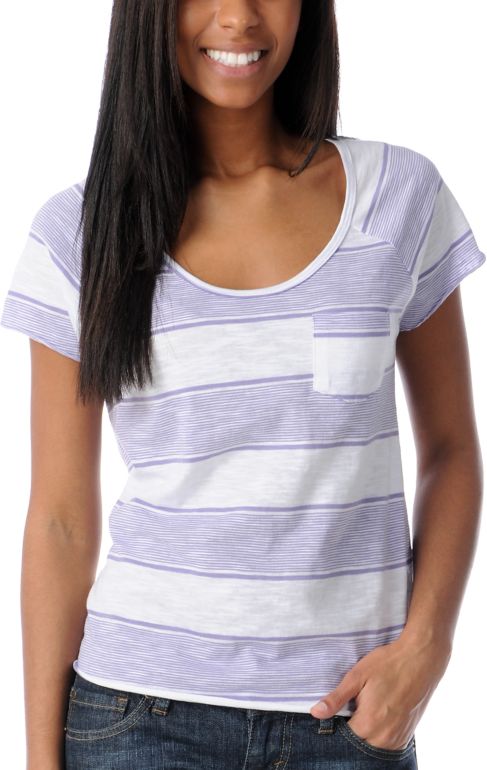 Empyre Girl Tempo White & Purple Striped Scoop Neck Tee Shirt