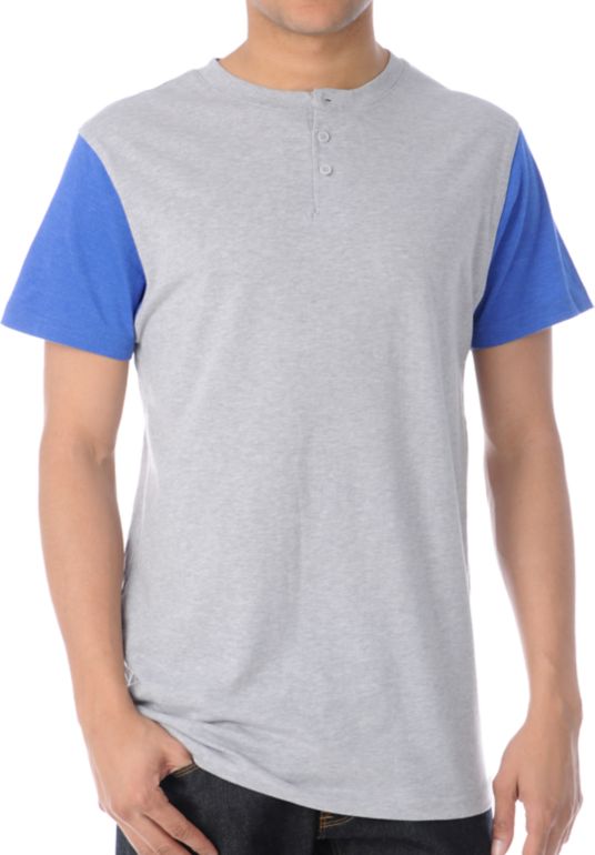 Zine Flipside Grey & Blue Short Sleeve Henley Tee Shirt