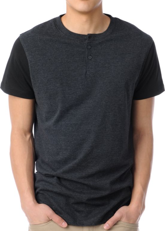 Zine Flipside Heather Black Henley Tee Shirt