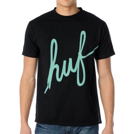 HUF Script Black & Teal Tee Shirt