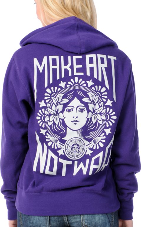 Obey Make Art Not War Purple Zip Up Hoodie