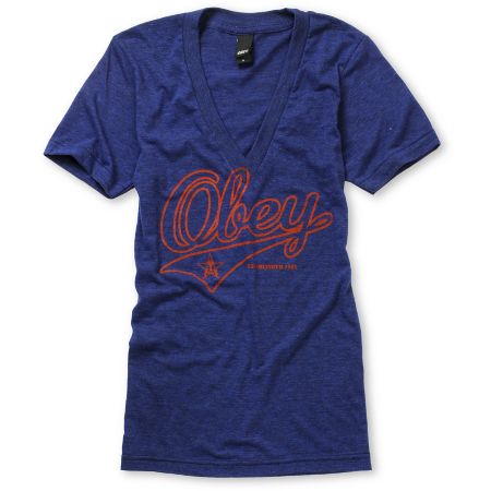 Obey Girls Script Heather Blue Deep V-Neck Tee Shirt