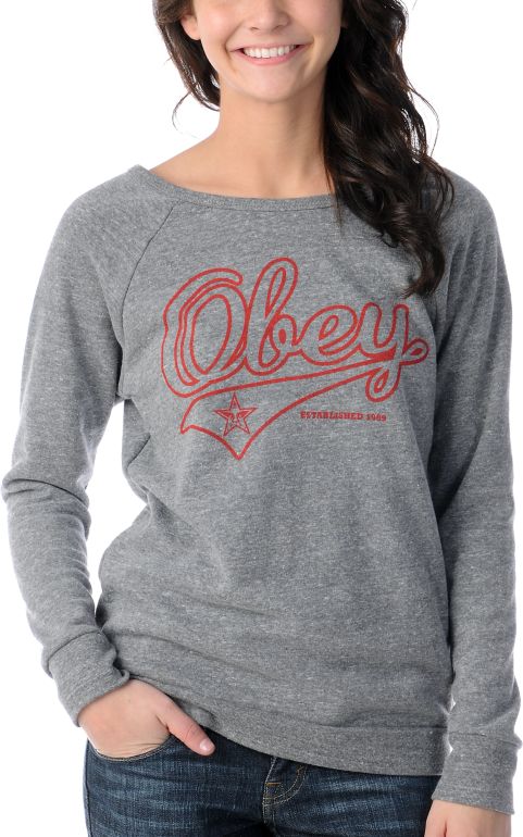Obey Girls Script Vandal Grey Crew Neck Sweatshirt