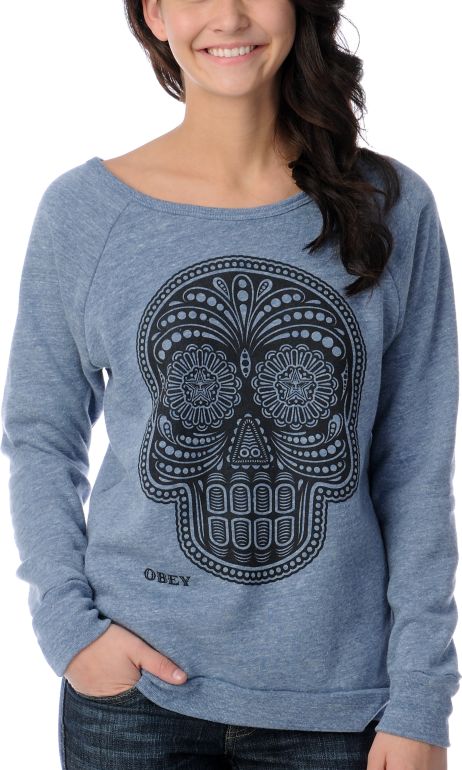 Obey Day Of The Dead Blue Vandal Scoop Neck Sweatshirt