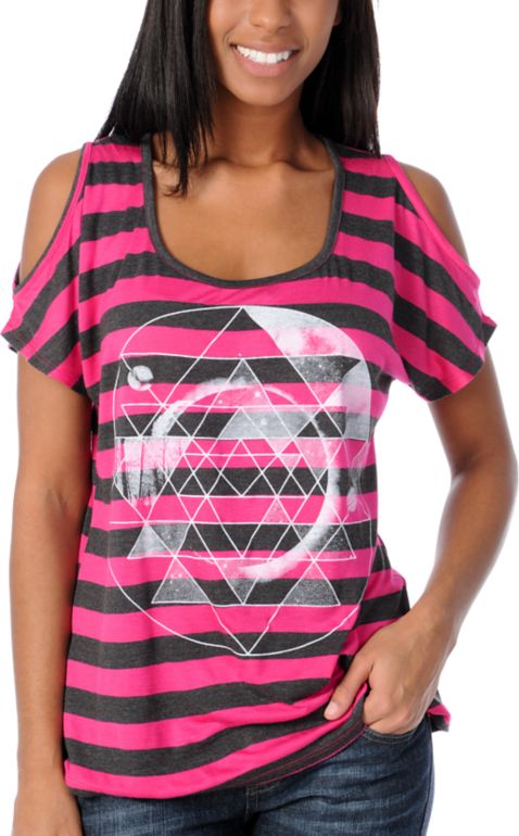 CDC Apparel Girls Jazzy Cold Shoulder Pink & Charcoal Tee Shirt