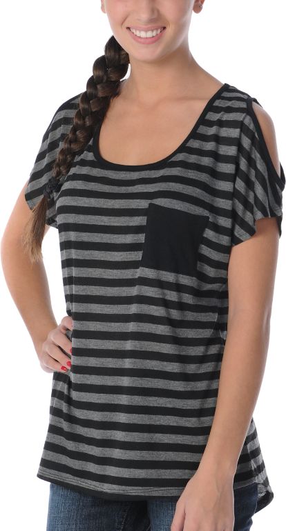 CDC Apparel Girls Cold Shoulder Charcoal & Black Jazzy Tee Shirt