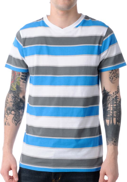 Empyre Wayward Grey, White, & Blue Striped V-Neck Tee Shirt