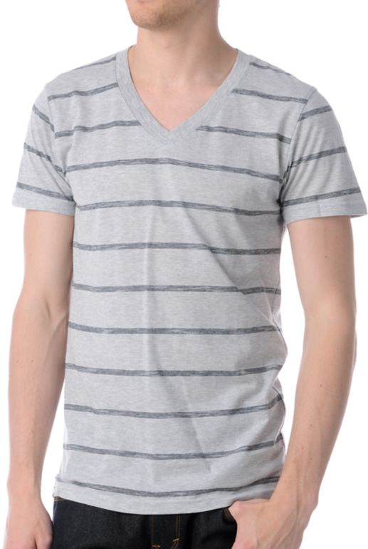 Empyre Beatbox Heather Grey & Black Striped V-Neck Tee Shirt